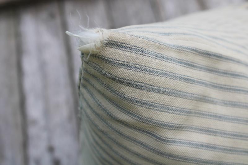 photo of big heavy old feather pillow, vintage blue striped cotton ticking fabric #5