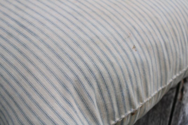 photo of big heavy old feather pillow, vintage blue striped cotton ticking fabric #7