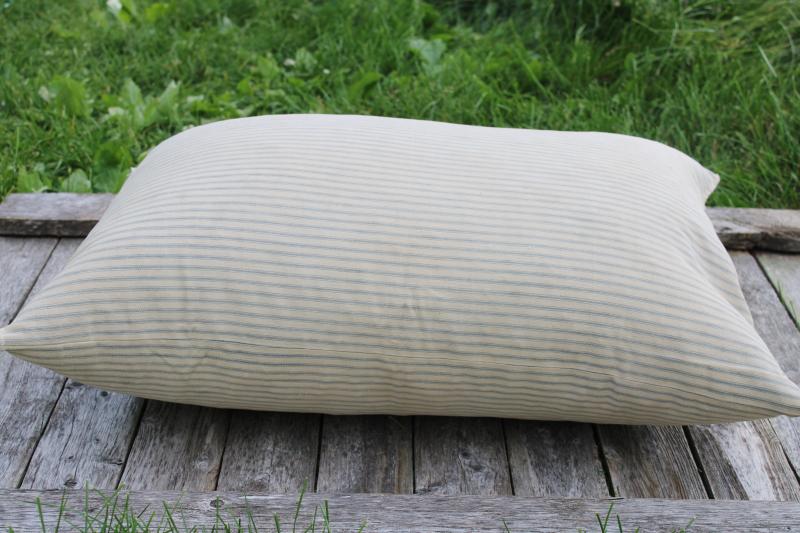 photo of big heavy old feather pillow, vintage blue striped cotton ticking fabric #8