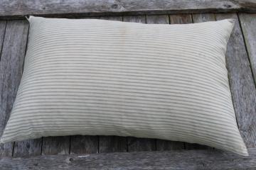 catalog photo of big heavy old feather pillow, vintage blue striped cotton ticking fabric