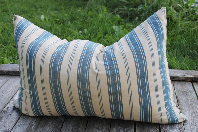 photo of big heavy old feather pillow, vintage blue striped cotton ticking fabric #1