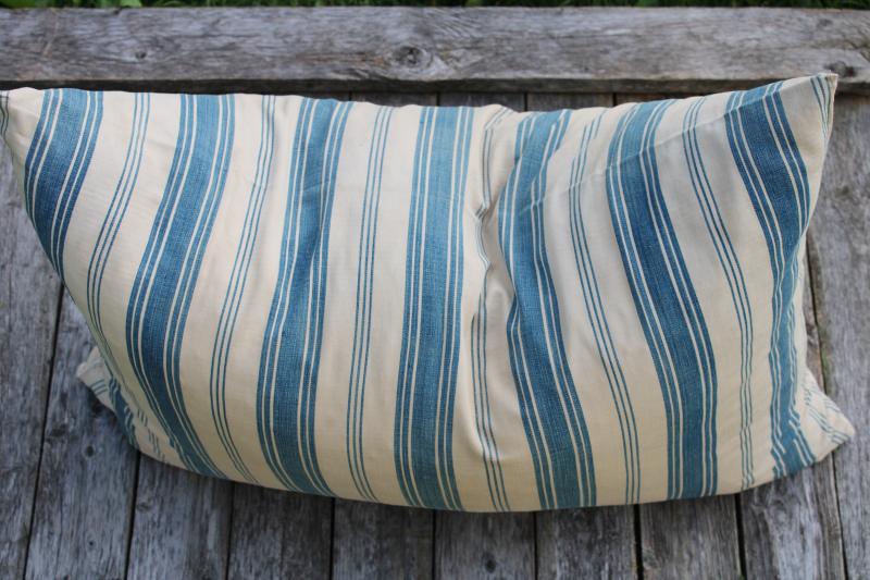 photo of big heavy old feather pillow, vintage blue striped cotton ticking fabric #2