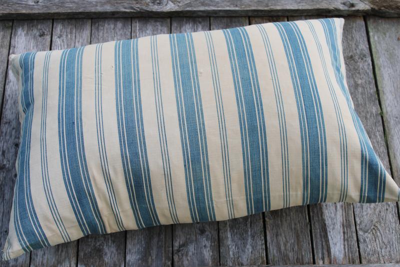 photo of big heavy old feather pillow, vintage blue striped cotton ticking fabric #3