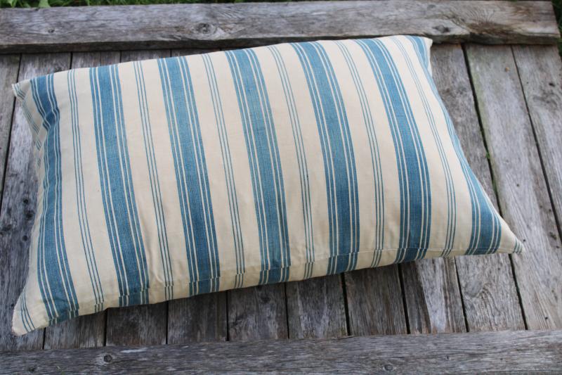 photo of big heavy old feather pillow, vintage blue striped cotton ticking fabric #5