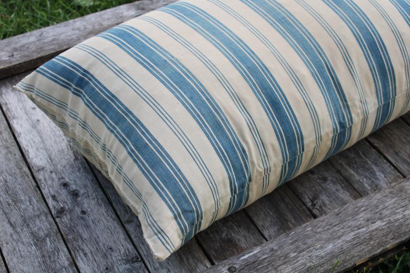 photo of big heavy old feather pillow, vintage blue striped cotton ticking fabric #6