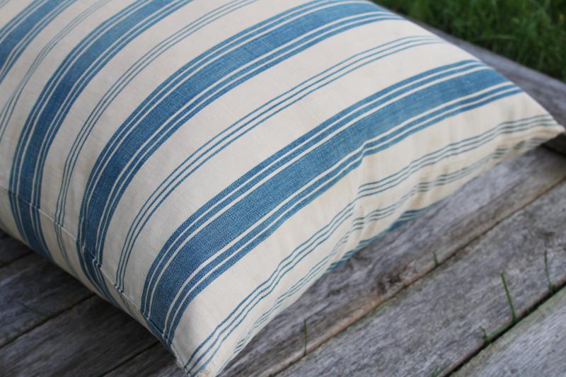 photo of big heavy old feather pillow, vintage blue striped cotton ticking fabric #7