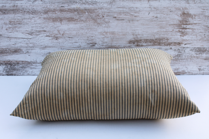photo of big heavy old feather pillow, vintage blue striped cotton ticking fabric, browned & patched primitive  #2