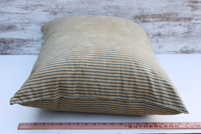 photo of big heavy old feather pillow, vintage blue striped cotton ticking fabric, browned & patched primitive  #3
