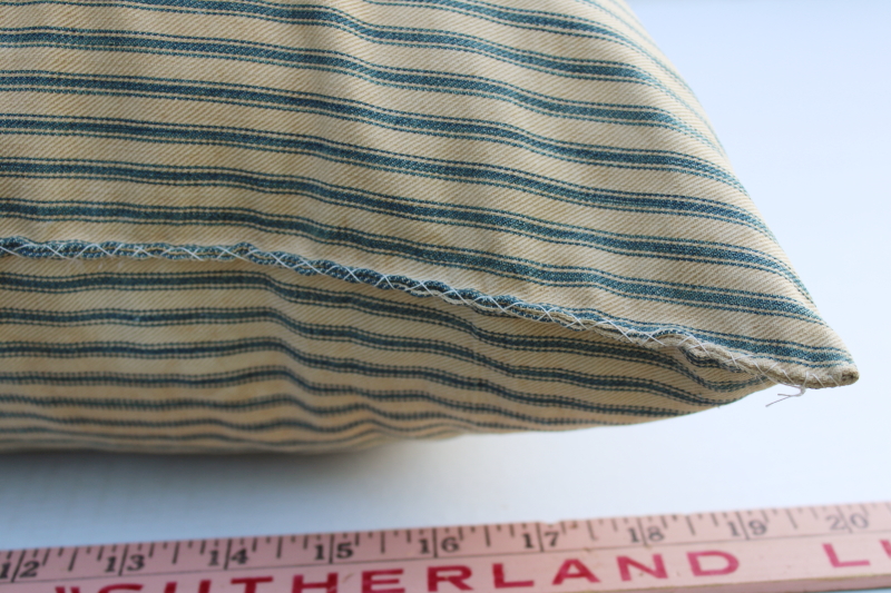 photo of big heavy old feather pillow, vintage blue striped cotton ticking fabric, browned & patched primitive  #4