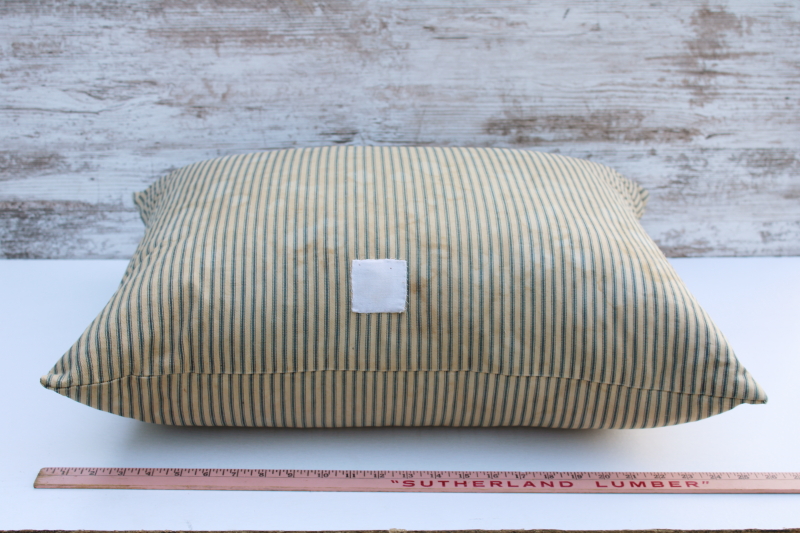 photo of big heavy old feather pillow, vintage blue striped cotton ticking fabric, browned & patched primitive  #5