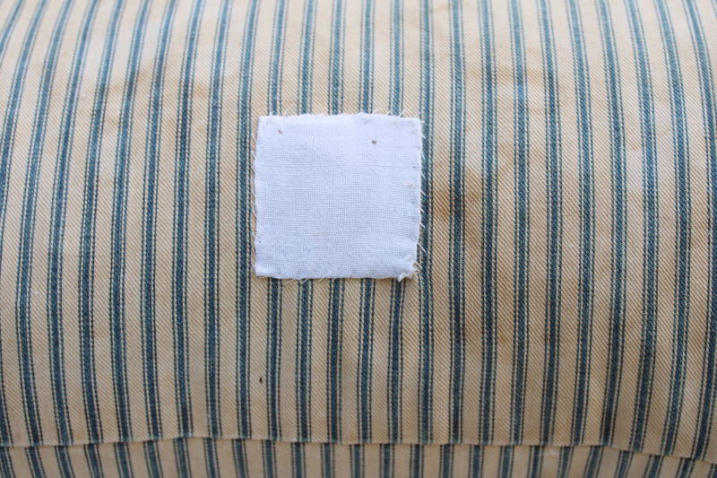 photo of big heavy old feather pillow, vintage blue striped cotton ticking fabric, browned & patched primitive  #6