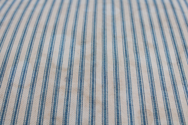 photo of big heavy old feather pillow, vintage blue striped cotton ticking fabric, browned & patched primitive  #7