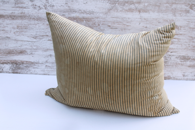 photo of big heavy old feather pillow, vintage blue striped cotton ticking fabric, browned & patched primitive  #8
