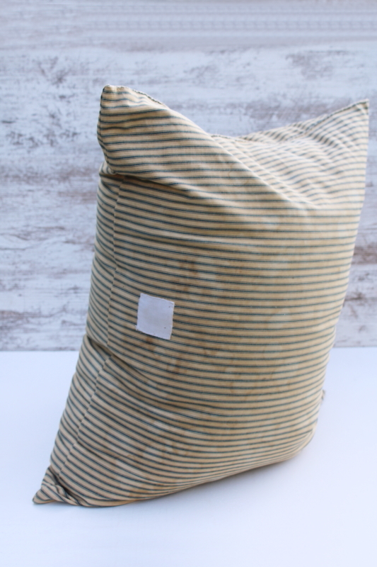 photo of big heavy old feather pillow, vintage blue striped cotton ticking fabric, browned & patched primitive  #9