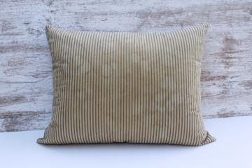 big heavy old feather pillow, vintage blue striped cotton ticking fabric, browned & patched primitive 