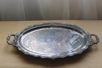 catalog photo of big heavy ornate vintage silver tray, antique salver silverplate on coppe