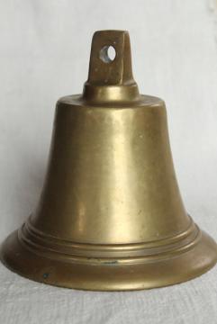 catalog photo of big heavy solid brass bell without clapper, vintage farm dinner bell or old ship's bell