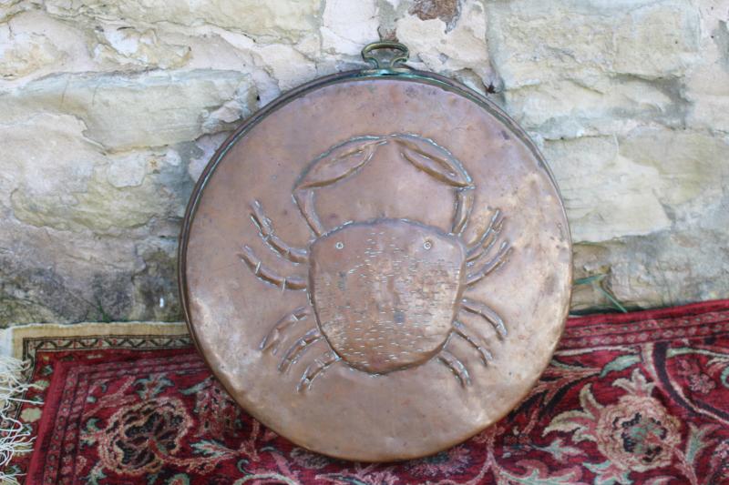 photo of big heavy solid copper pan w/ Mediterranean crab, rustic vintage hand crafted metalware #1