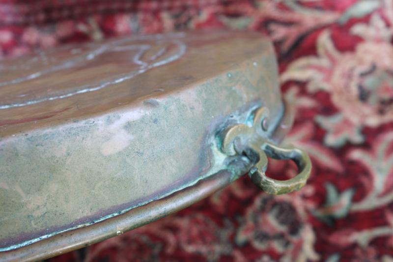 photo of big heavy solid copper pan w/ Mediterranean crab, rustic vintage hand crafted metalware #4