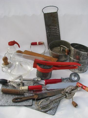 photo of big lot of vintage kitchen utensils & kitchenware, some w/ red handles #1