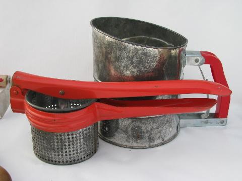 photo of big lot of vintage kitchen utensils & kitchenware, some w/ red handles #3