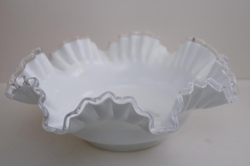 photo of big milk glass bowl w/ clear glass edge, vintage Fenton silver crest #1