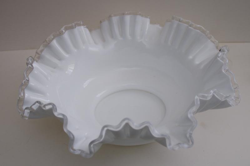 photo of big milk glass bowl w/ clear glass edge, vintage Fenton silver crest #2