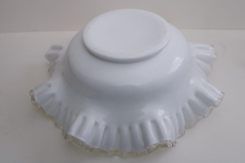 photo of big milk glass bowl w/ clear glass edge, vintage Fenton silver crest #4