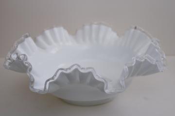 catalog photo of big milk glass bowl w/ clear glass edge, vintage Fenton silver crest