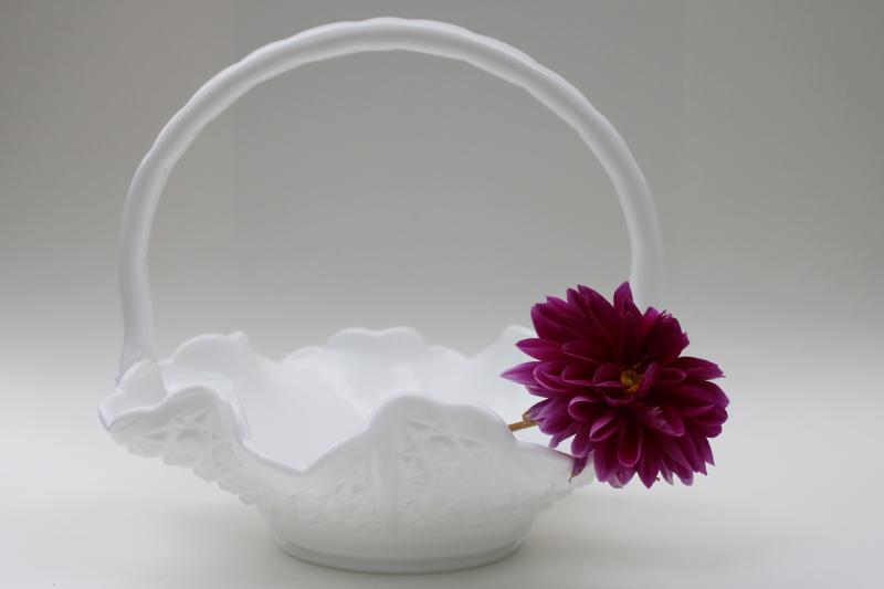 photo of big milk glass brides basket, vintage Fenton daisy & button flower bowl centerpiece #1