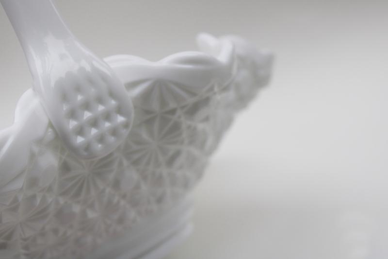 photo of big milk glass brides basket, vintage Fenton daisy & button flower bowl centerpiece #3