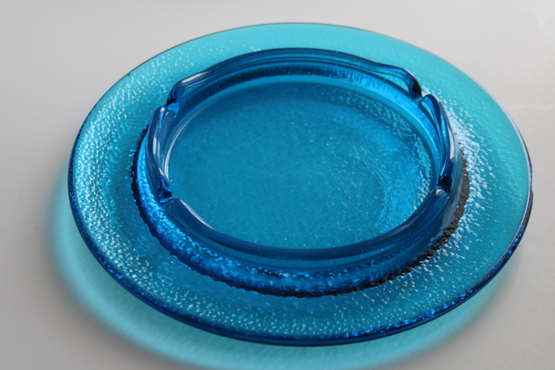 photo of big mod aqua blue glass ashtray, retro pebble textured heavy glass vintage Blenko #1