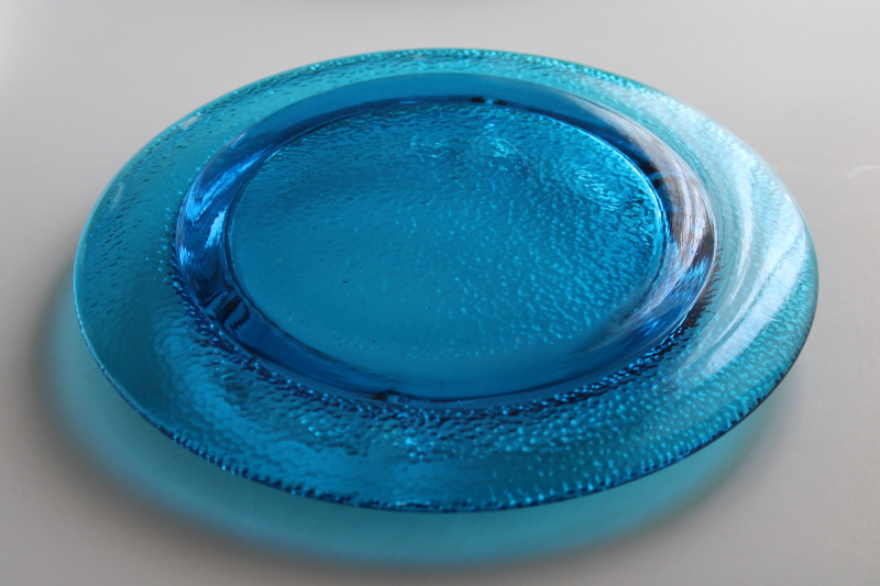 photo of big mod aqua blue glass ashtray, retro pebble textured heavy glass vintage Blenko #2