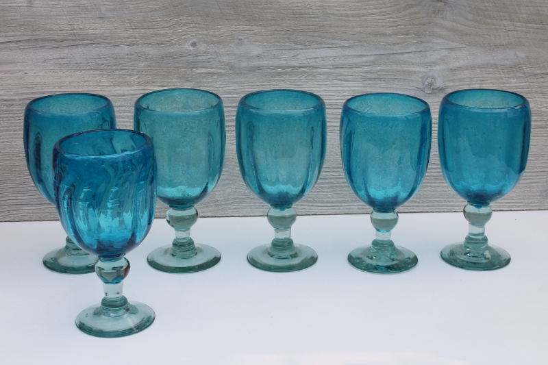photo of big mod chunky hand blown glass goblets, aqua & sea glass green water or wine glasses #1