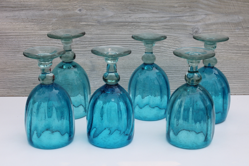 photo of big mod chunky hand blown glass goblets, aqua & sea glass green water or wine glasses #2