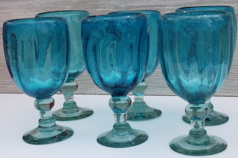 photo of big mod chunky hand blown glass goblets, aqua & sea glass green water or wine glasses #5