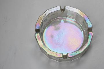 catalog photo of big mod vintage ice textured glass ashtray, iridescent white carnival glass