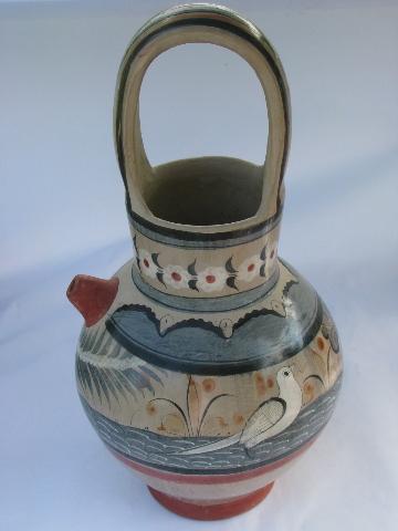 photo of big old Mexican pottery pitcher, hand-painted Zuni doves, vintage Mexico #1