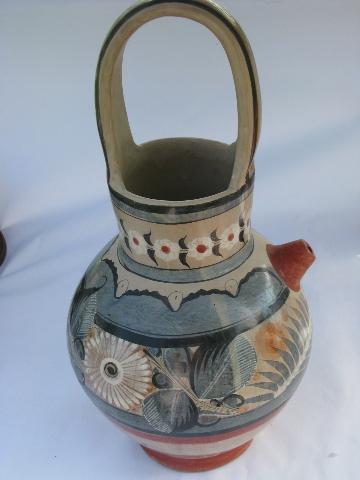 photo of big old Mexican pottery pitcher, hand-painted Zuni doves, vintage Mexico #3