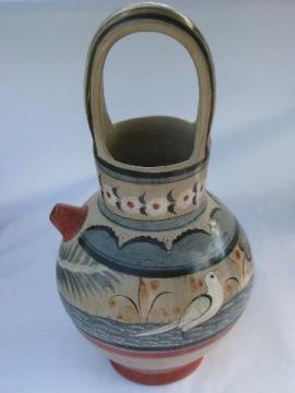 catalog photo of big old Mexican pottery pitcher, hand-painted Zuni doves, vintage Mexico