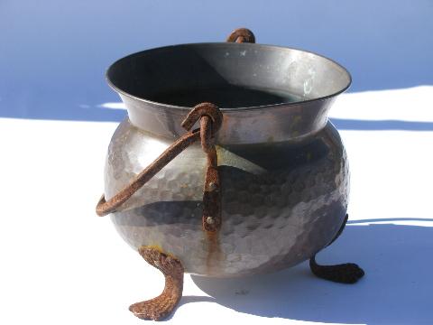 photo of big old Swiss hammered copper kettle w/ wrought iron handle, vintage Switzerland #2