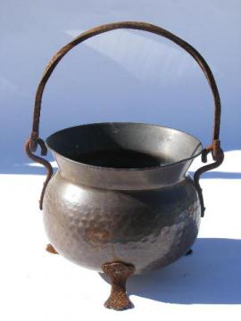 catalog photo of big old Swiss hammered copper kettle w/ wrought iron handle, vintage Switzerland