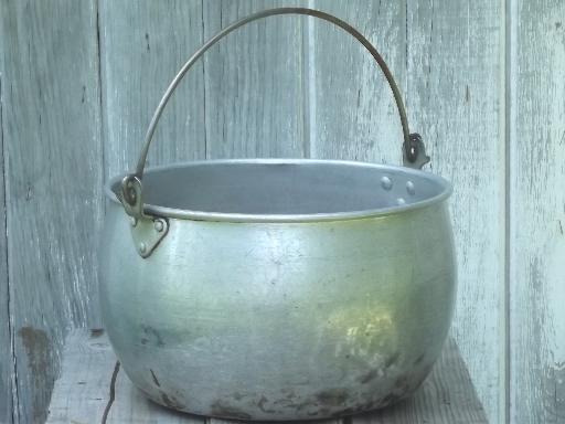 photo of big old aluminum jelly kettle or camping cook pot w/ wire bail handle #1