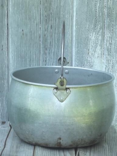 photo of big old aluminum jelly kettle or camping cook pot w/ wire bail handle #3