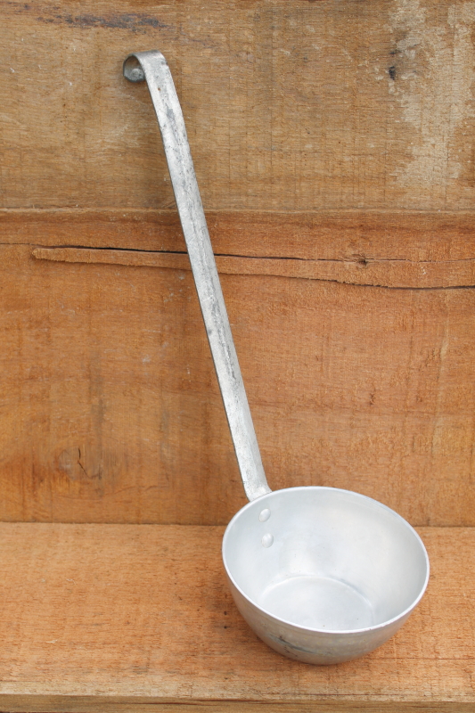 photo of big old aluminum soup ladle or water dipper, rustic vintage primitive camp kitchen tool  #2