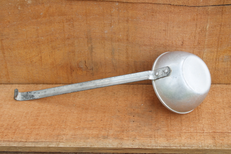 photo of big old aluminum soup ladle or water dipper, rustic vintage primitive camp kitchen tool  #3
