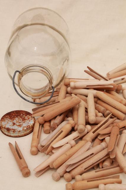 photo of big old bail handle glass pickle jar full of vintage wood clothespins #5