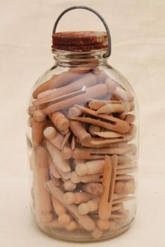 catalog photo of big old bail handle glass pickle jar full of vintage wood clothespins