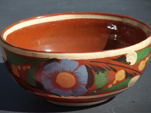 photo of big old bowl, hand painted Mexican pottery, vintage Mexico folk art #1