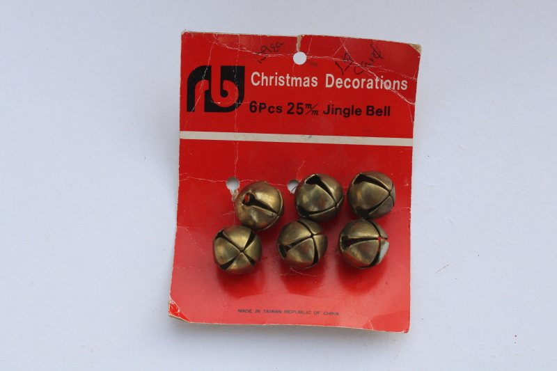 photo of big old brass plated steel jingle bells, Christmas craft sleigh bells on vintage card #1